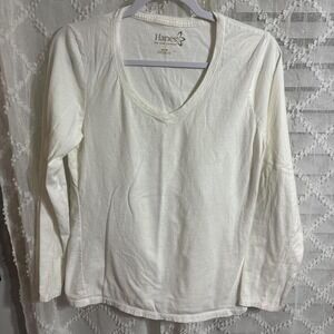 Hanes Womens M White Long Sleeve V Neck Tee Shirt